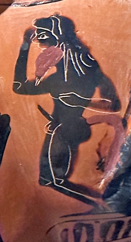 Detail auf dem Kantharos mit Eselskopf: Ein Mann mit erigiertem Penis