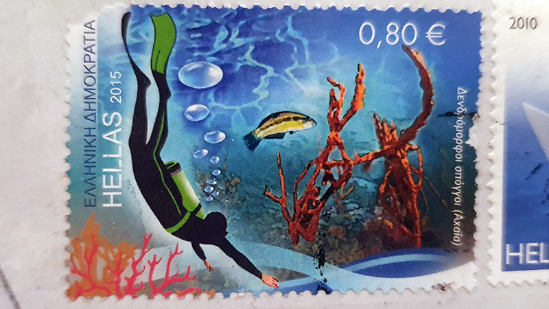 Briefmarke Sporttauchen (2015): Meeresschwämme bei Achaia