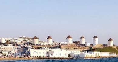 Blick auf die Windmühlen von Mykonos