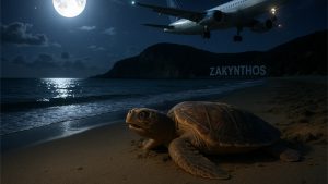 Flugzeug fliegt über Karettschildkröte auf Zakynthos