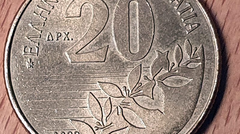Vorderseite der 20 Drachmen Münze aus dem Jahr 2000