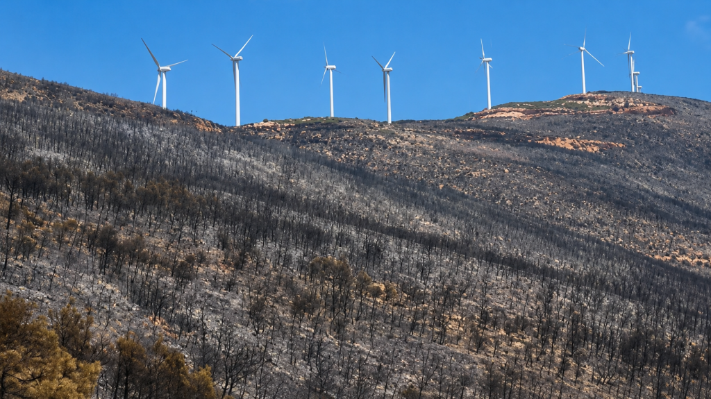 Oben stehen die Windräder, unten ist der Wald verbrannt.